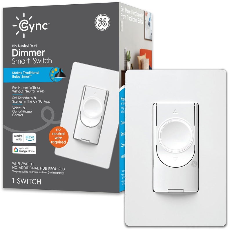 Cync GE Smart Dimmer Light Switch, No Neutral Wire Required, Bluetooth and 2.4 GHz WiFi 3-Wire Switch, Works with Amazon Alexa and Google Home, White (1 Pack) - Image 1